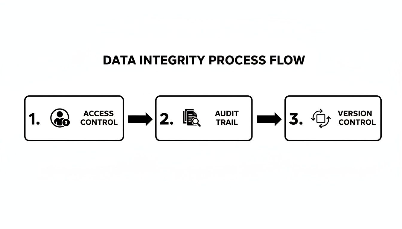 A flowchart titled 'DATA INTEGRITY PROCESS FLOW' showing three steps: Access Control, Audit Trail, and Version Control, with arrows indicating the sequence.
