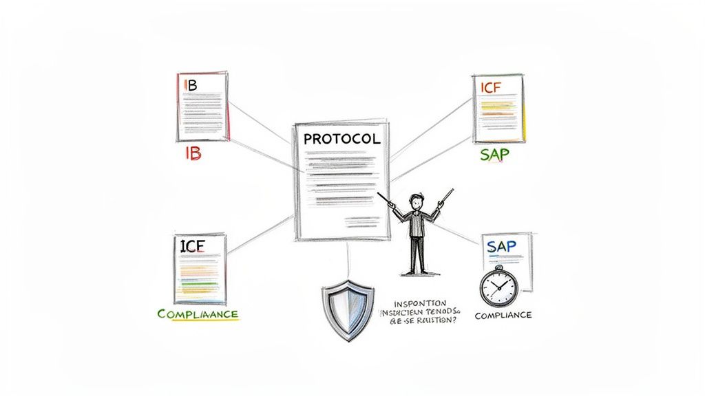 Illustration of a central 'PROTOCOL' document linking to 'IB', 'ICF', 'SAP' documents, with compliance and management.