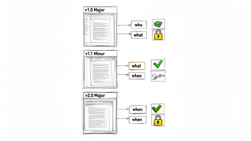 Diagram illustrating document version control, showing major and minor updates with approval and security steps.