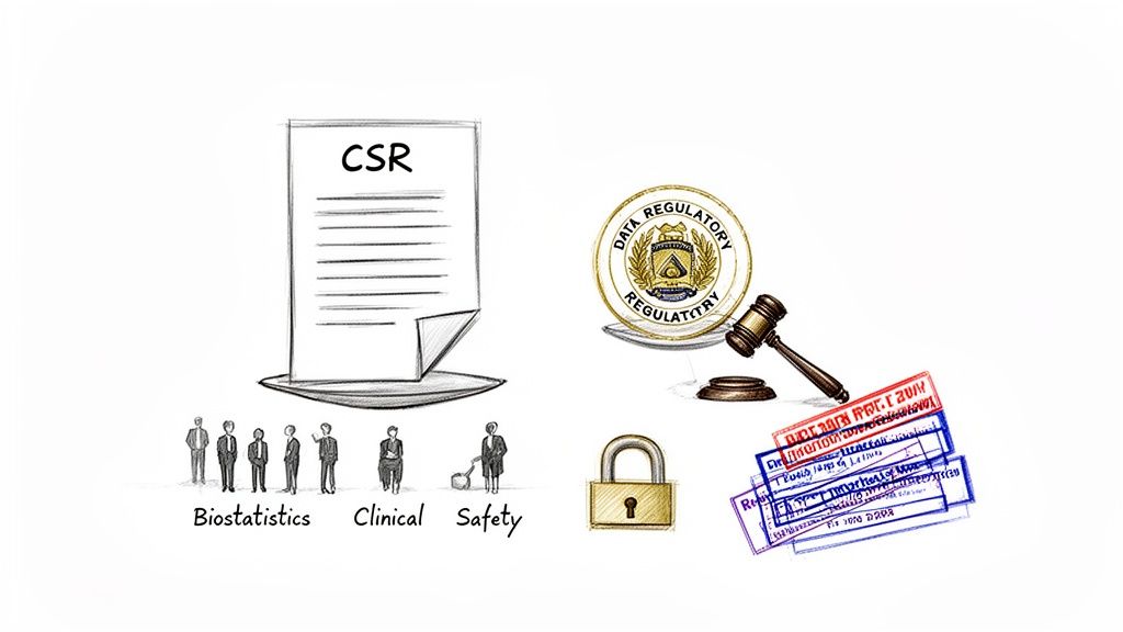 Regulatory compliance and data management elements including CSR, biostatistics, clinical safety, and security.