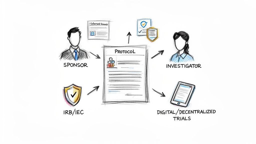 Diagram illustrating a clinical trial protocol's interactions with sponsor, investigator, IRB/IEC, and digital trials.