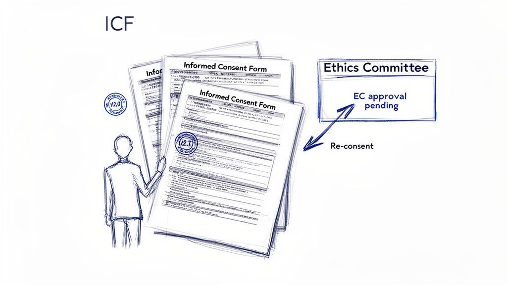 Illustration of Informed Consent Forms, a person, and the Ethics Committee review process for re-consent.