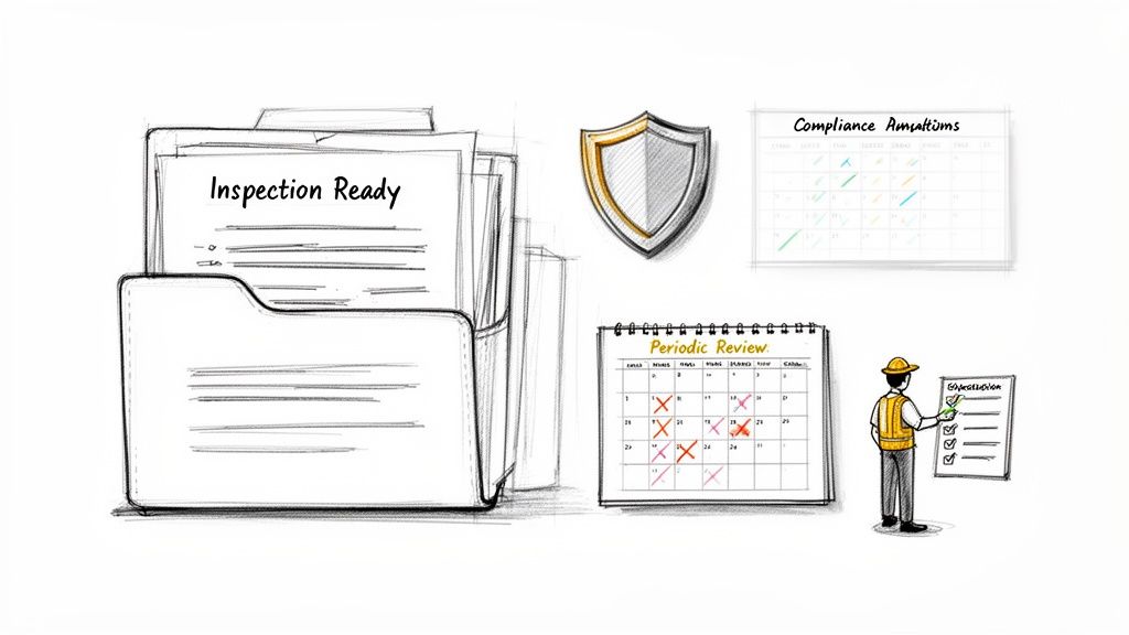 Sketch showing documents labeled 'Inspection Ready', a shield, calendars for compliance and review, and a worker checking a list.