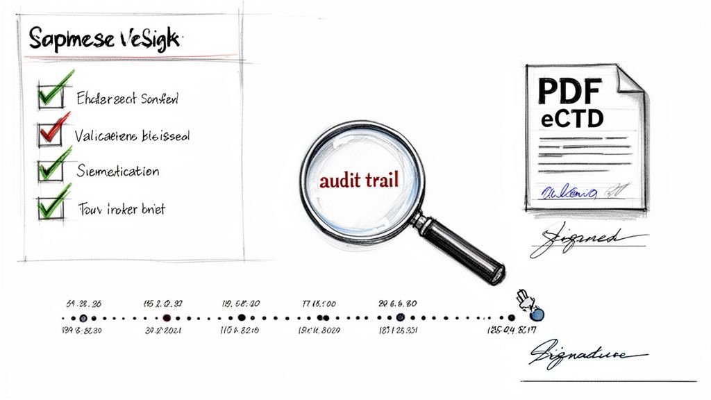 Magnifying glass highlights an 'audit trail' for a signed PDF eCTD document, checklist, and timestamped history.