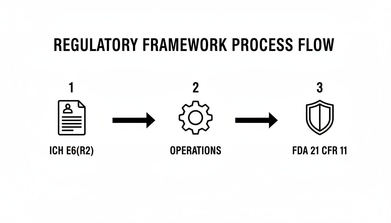 A regulatory framework process flow illustrating three steps: ICH E6(R2), Operations, and FDA 21 CFR 11.