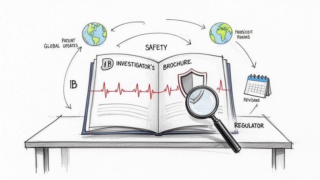 Diagram showing the Investigator's Brochure lifecycle with global patient updates, safety, revisions, and regulator oversight.