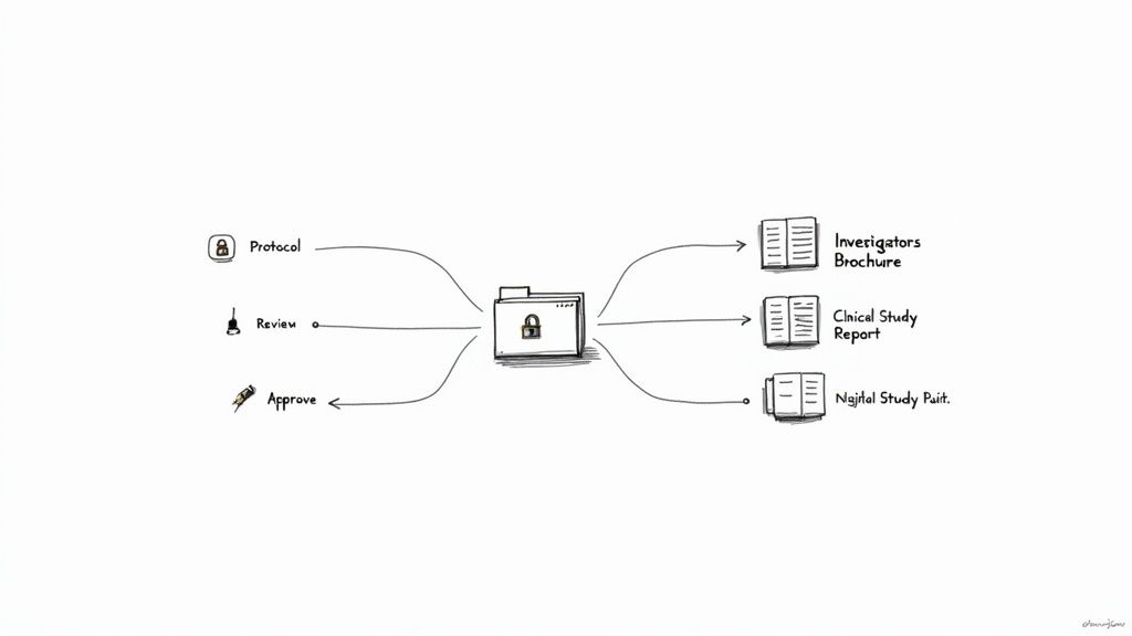 A diagram illustrating a secure regulatory document management system with stages like protocol, review, and approval.