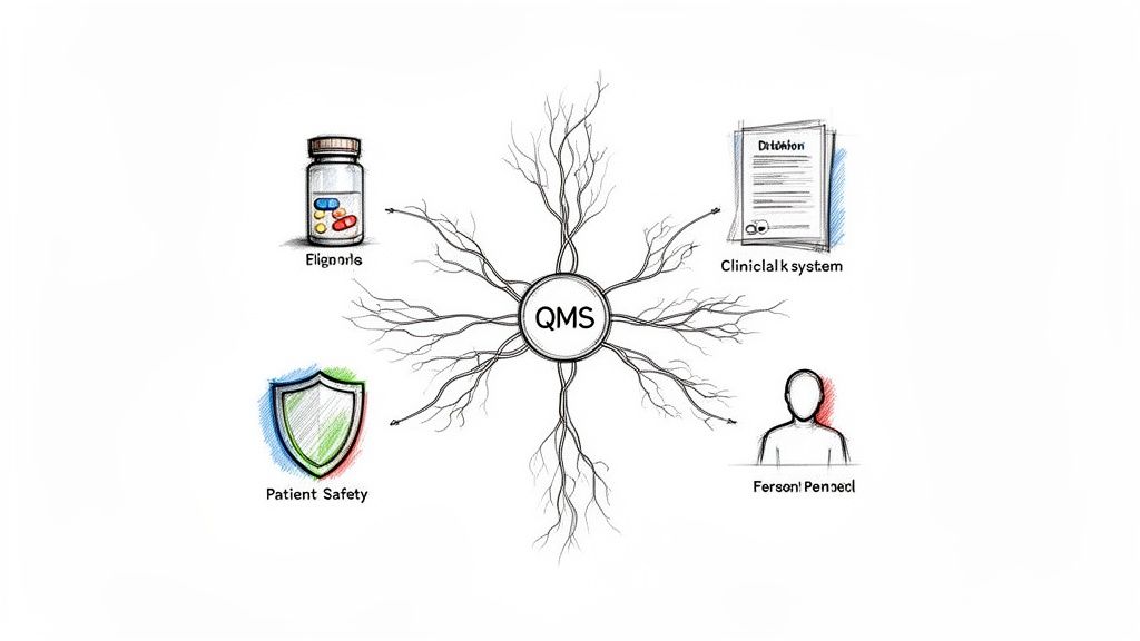 Mind map illustrating Quality Management System (QMS) connections to pharmaceuticals, clinical systems, patient safety, and personnel.