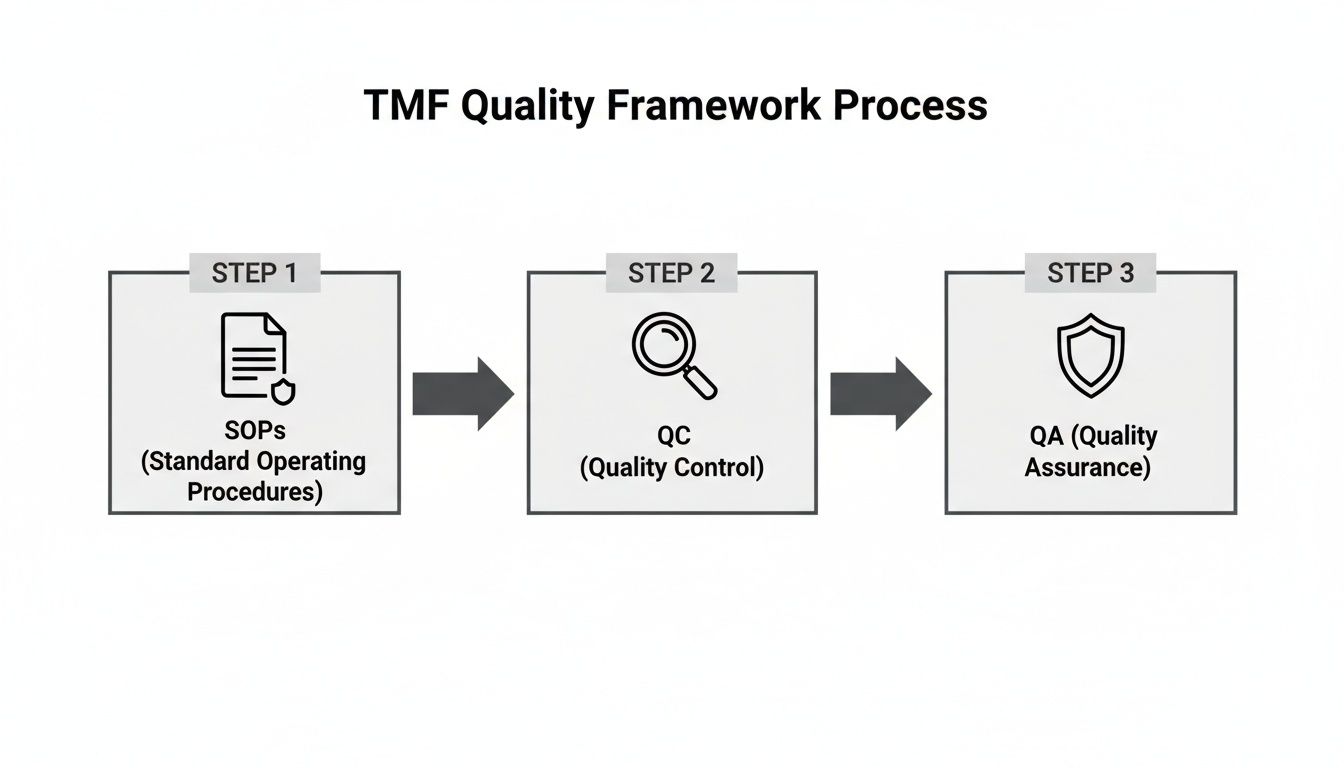 A three-step process diagram for TMF Quality Framework: SOPs, Quality Control (QC), and Quality Assurance (QA).