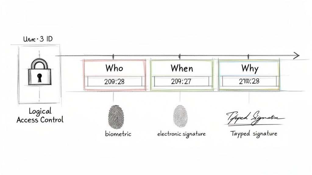 Diagram illustrating logical access control, user ID, and authentication methods like biometric and electronic signatures.