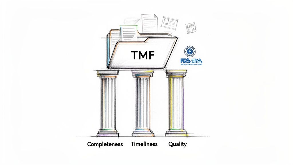 Illustration of TMF folder on three pillars representing completeness, timeliness, and quality, with FDA/EMA logos.