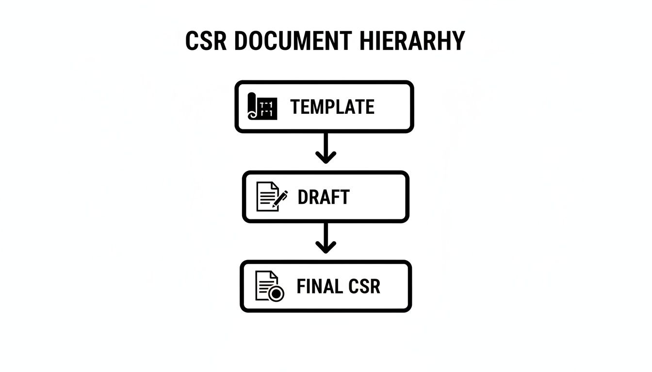 Flowchart illustrating the CSR document hierarchy: Template, then Draft, leading to Final CSR.