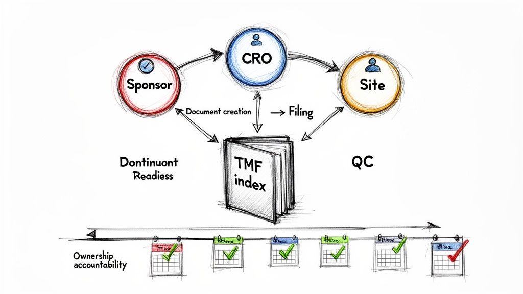 A diagram illustrating the Trial Master File (TMF) process, showing interactions between Sponsor, CRO, and Site, with a timeline for ownership accountability.