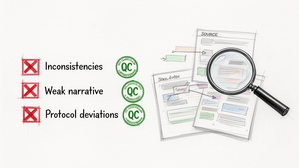 An image depicting a quality control checklist with issues marked and documents under review.