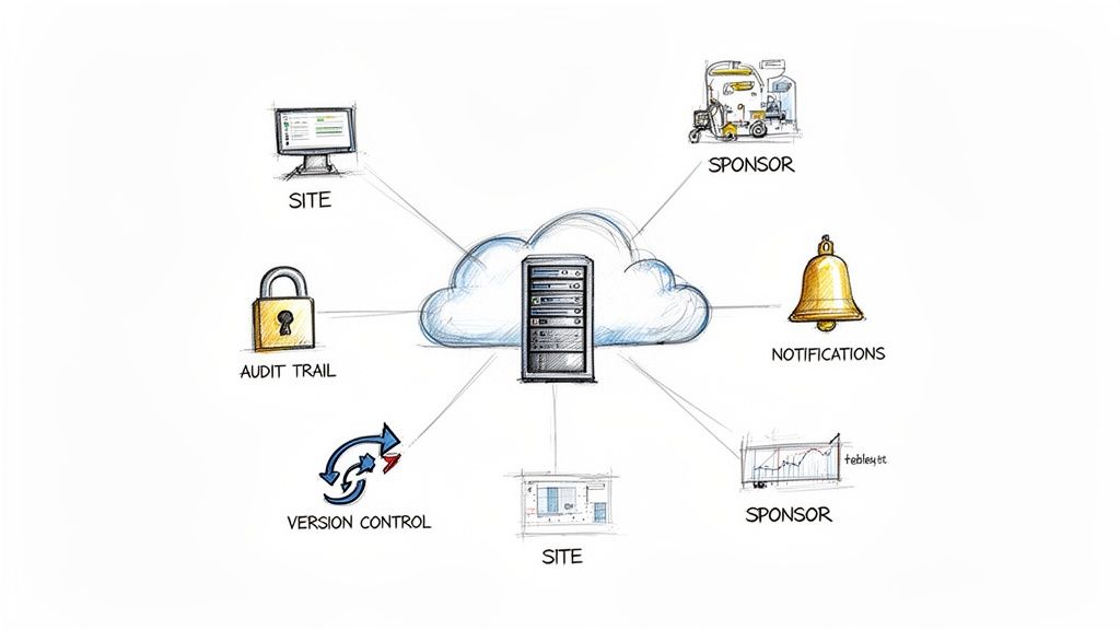 Cloud server diagram connecting clinical trial sites, sponsors, audit, version control, and notifications.