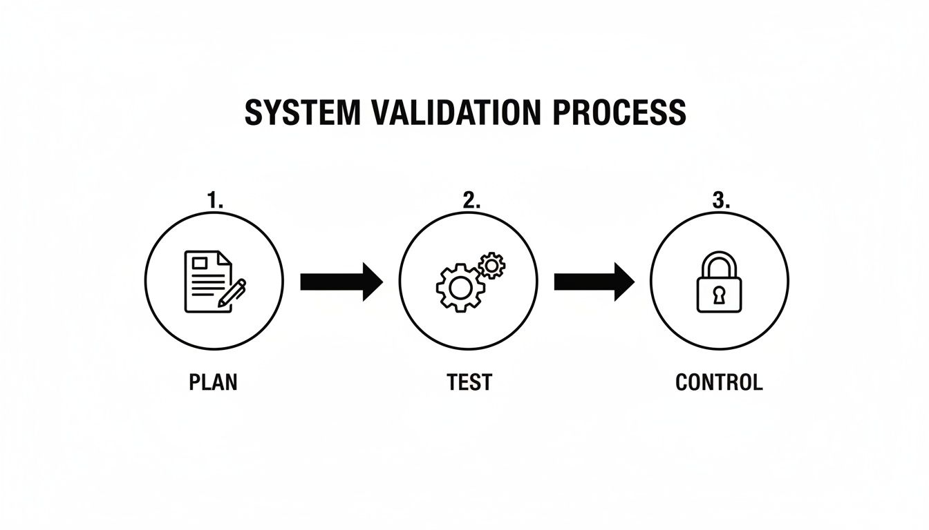 Three-step system validation process with icons: 1. Plan (document), 2. Test (gears), 3. Control (padlock).