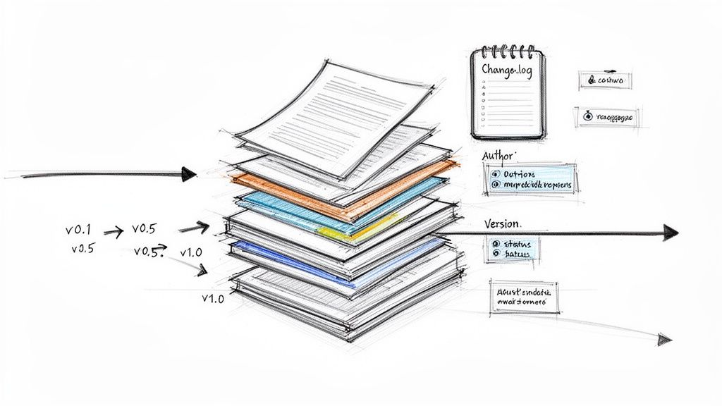 Hand-drawn diagram illustrating document versioning, change log, author details, and version status flow.