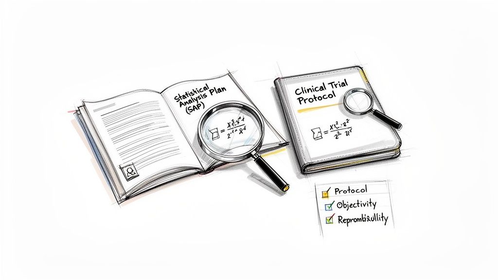 Illustration of a Statistical Analysis Plan and Clinical Trial Protocol books, with a checklist for objectivity and reproducibility.