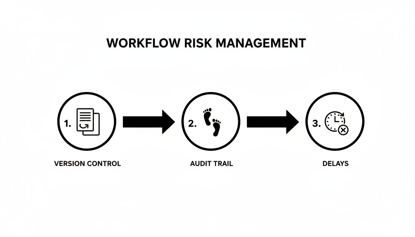 A diagram outlining workflow risk management, detailing version control, audit trails, and delays.