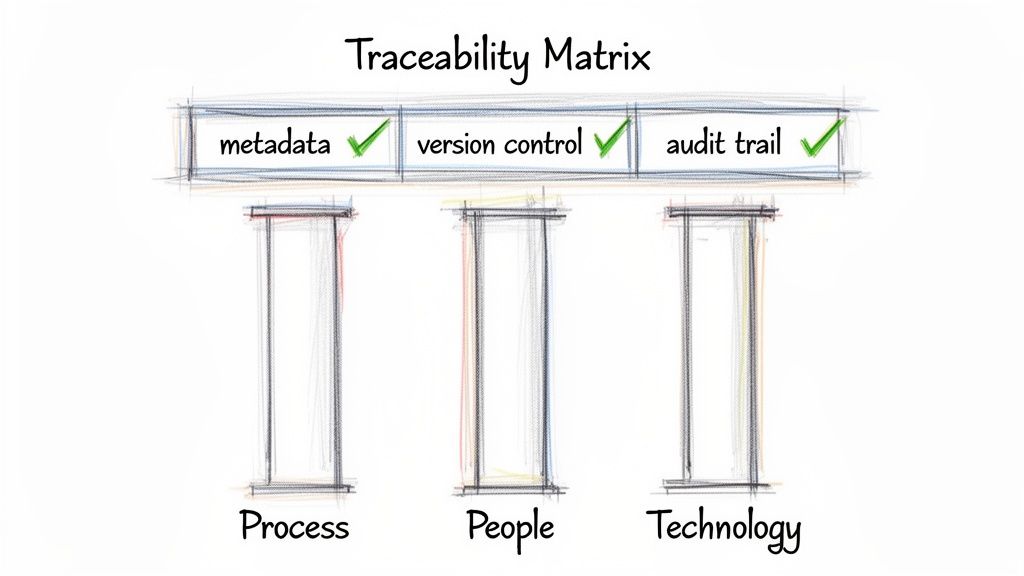 An illustration of a traceability matrix supported by process, people, and technology, showing metadata, version control, and audit trail.