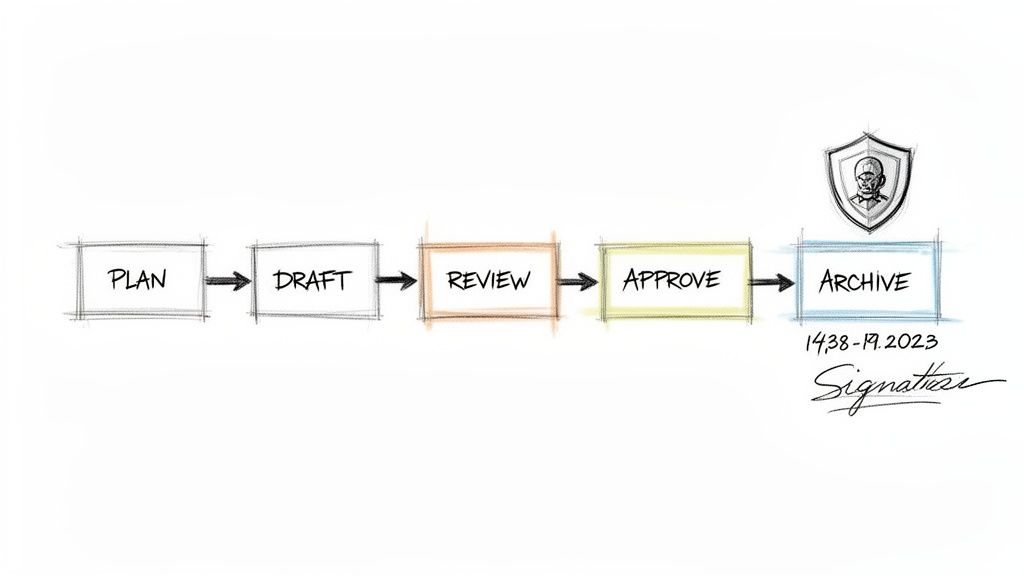 A hand-drawn process workflow diagram showing steps: Plan, Draft, Review, Approve, and Archive.