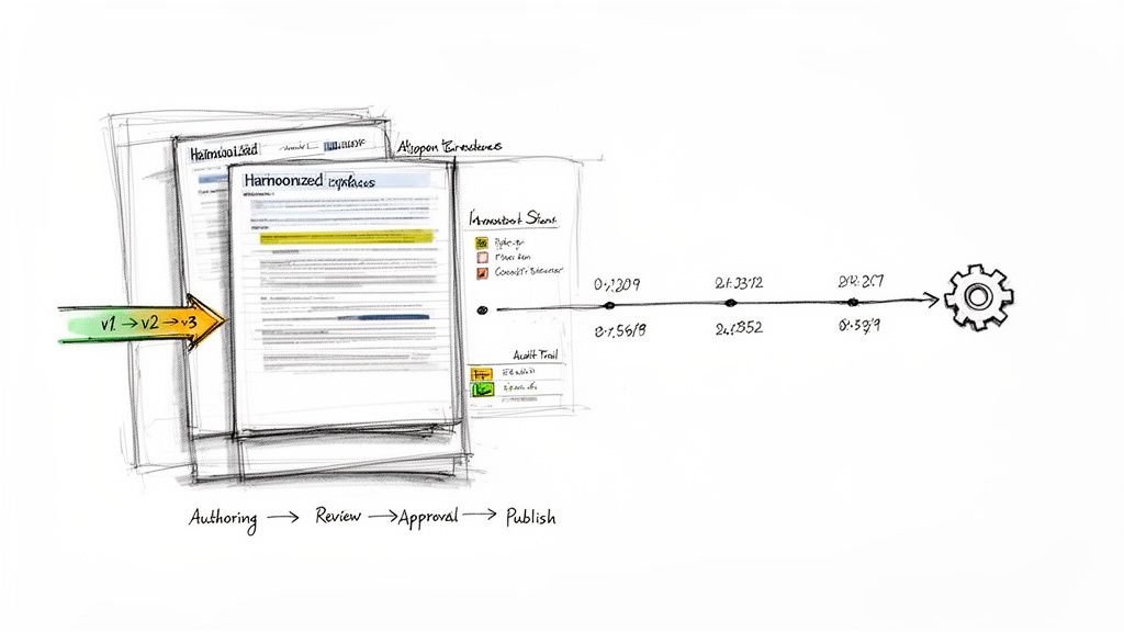 A sketch illustrating a documentation workflow: authoring, review, approval, and publishing with versioning and a timeline.