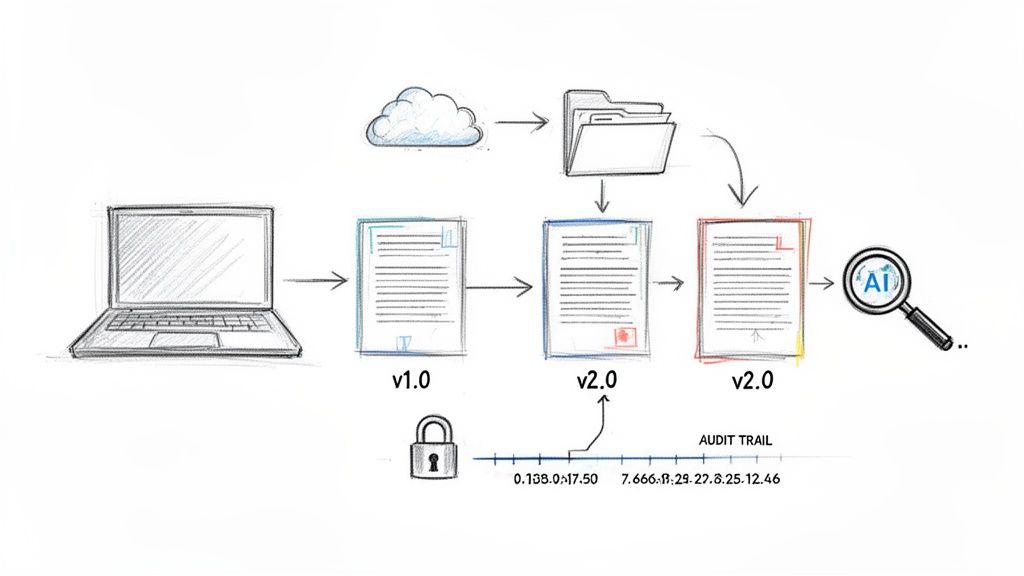 A digital workflow diagram showing document versioning, cloud storage, audit trail, and AI analysis from a laptop.