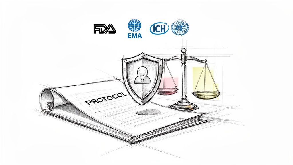 Sketch of clinical trial protocol, patient protection shield, balance scale, and regulatory body logos.