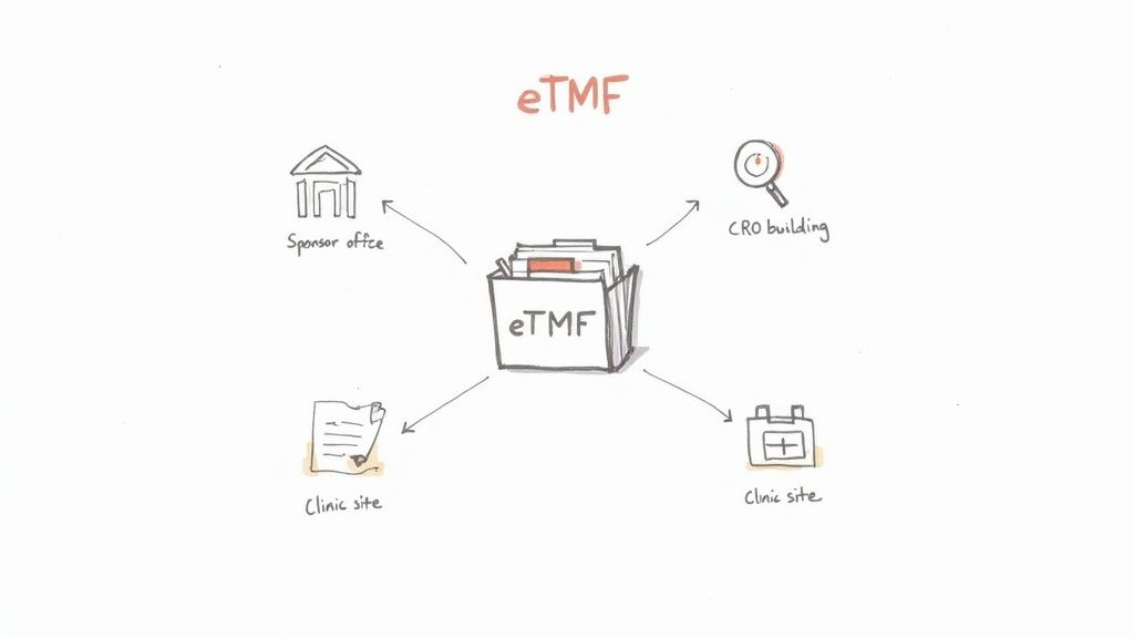 A diagram of an eTMF (electronic Trial Master File) as a central hub, connecting a sponsor office, CRO building, and two clinic sites with arrows.