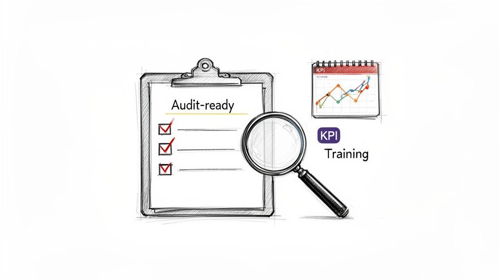 A sketch showing a clipboard with 'Audit-ready' checklist, a magnifying glass, and 'KPI Training' with a calendar graph.