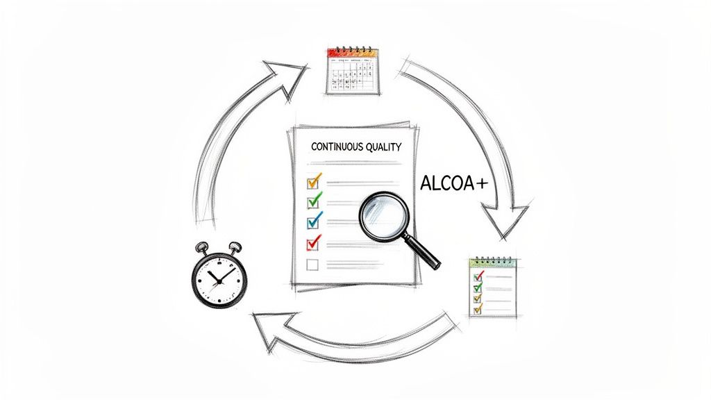Continuous quality cycle with ALCOA+ checklist, calendar, clock, and magnifying glass for data integrity.