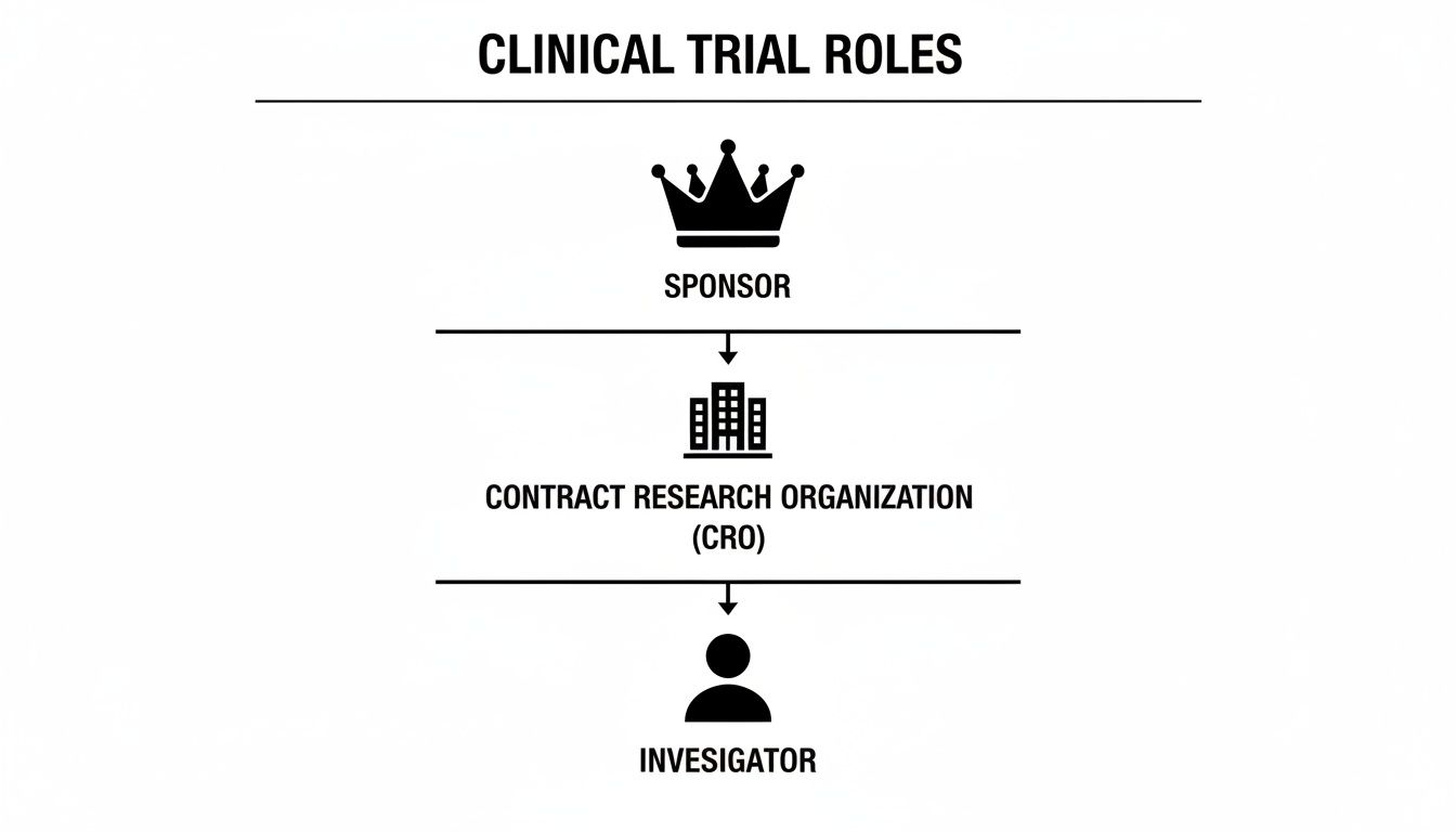 Diagram illustrating the hierarchical roles in a clinical trial: Sponsor, Contract Research Organization (CRO), and Investigator.