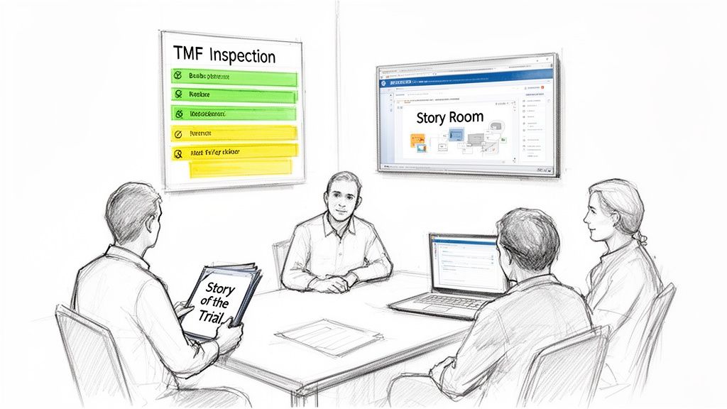 Four people in a meeting discussing TMF inspection readiness and trial story using screens and documents.