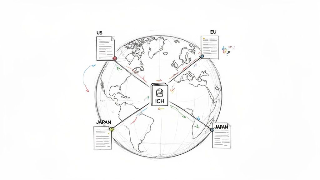 A global map illustrating US, EU, and Japan regions connected to central ICH documents with colored arrows.