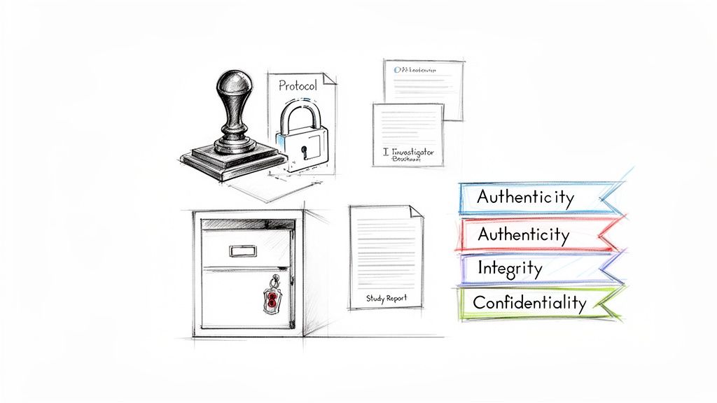 Hand-drawn illustration of clinical documentation security, including protocols, reports, and data principles.