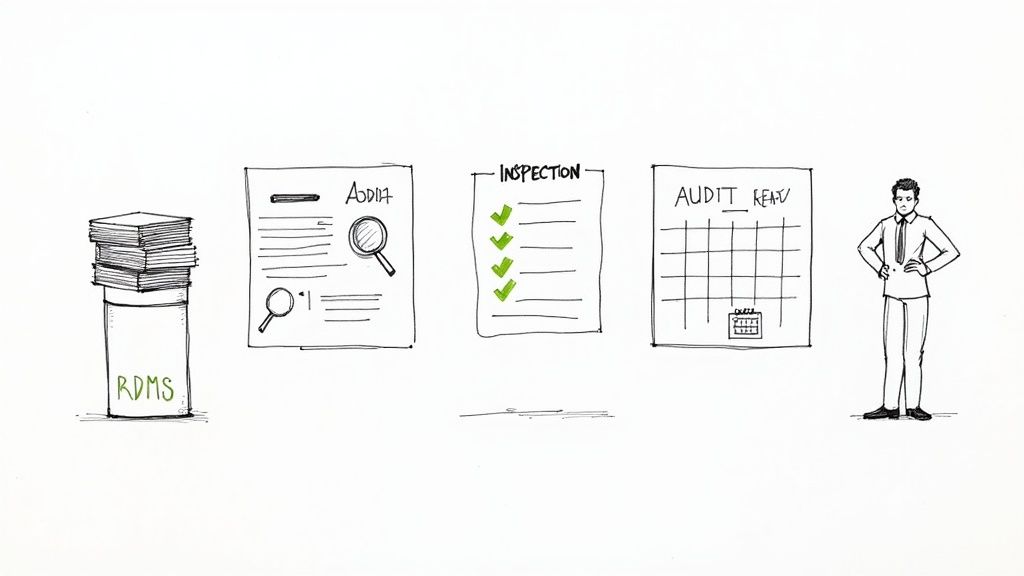 Illustration depicting a regulatory document management system, audit, inspection process, and a man.