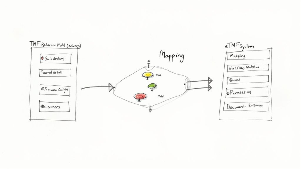 A diagram illustrates the mapping process between a TMF Reference Model and an eTMF System.