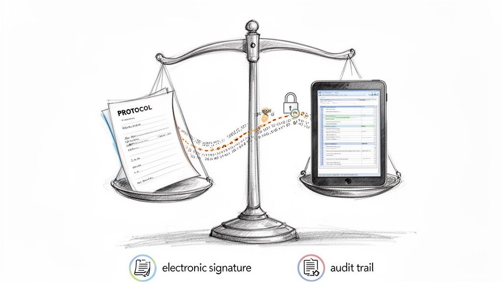 A balance scale weighing physical 'PROTOCOL' documents against a digital tablet, representing electronic signatures and audit trails.
