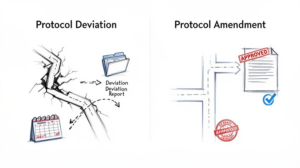 An illustration comparing protocol deviation (broken path, report) with protocol amendment (approved new path, document).