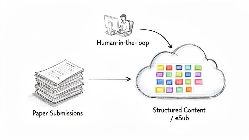 Workflow diagram: Paper submissions converted to structured digital content in a cloud, with human in the loop.