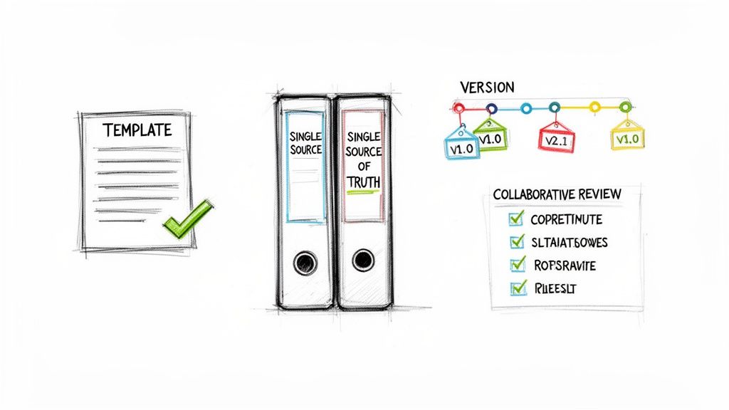A visual representation of document management concepts including templates, single source, version control, and collaborative review process.