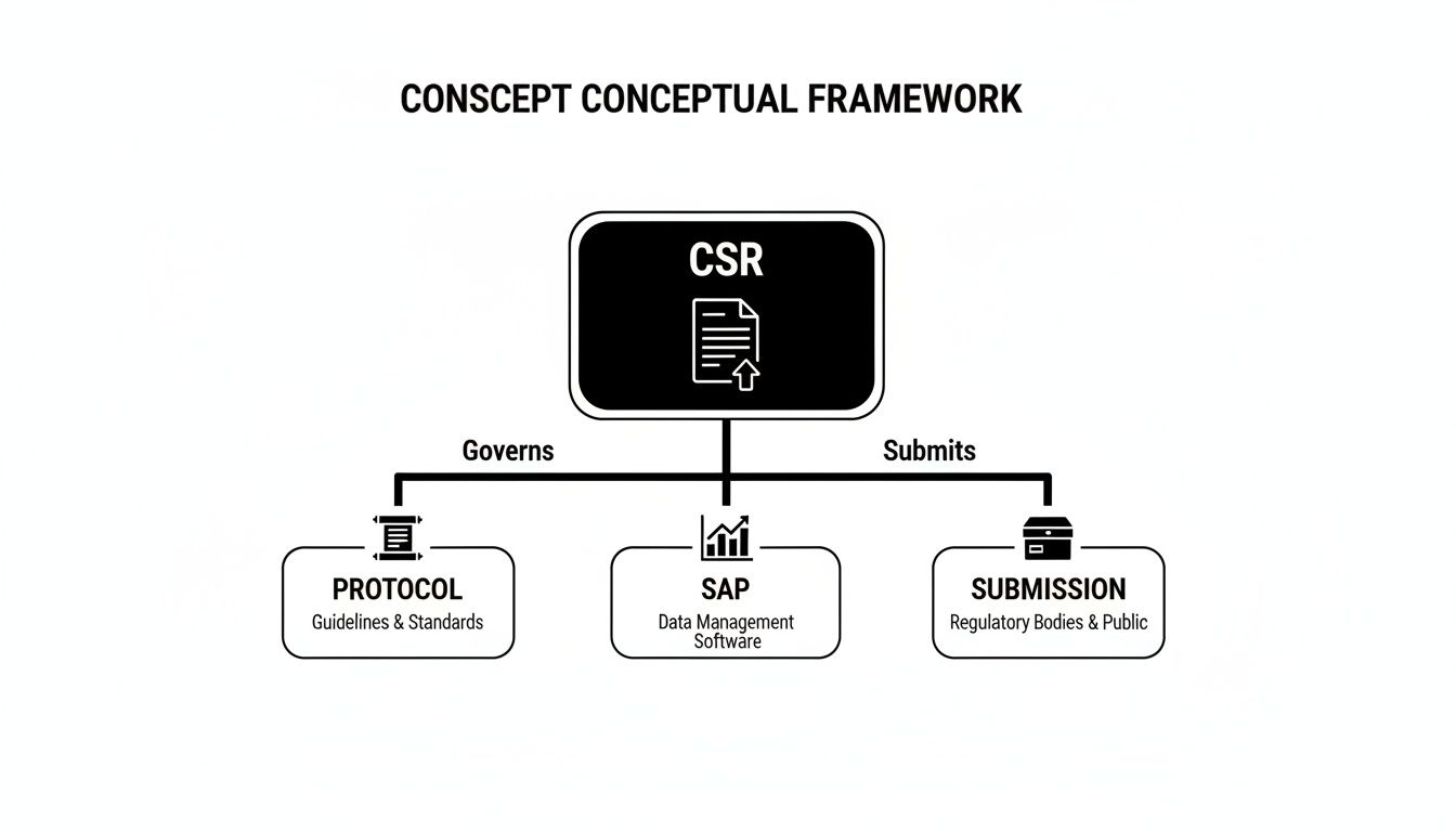 A conceptual framework diagram showing CSR governing protocols and submitting to regulatory bodies, supported by SAP.
