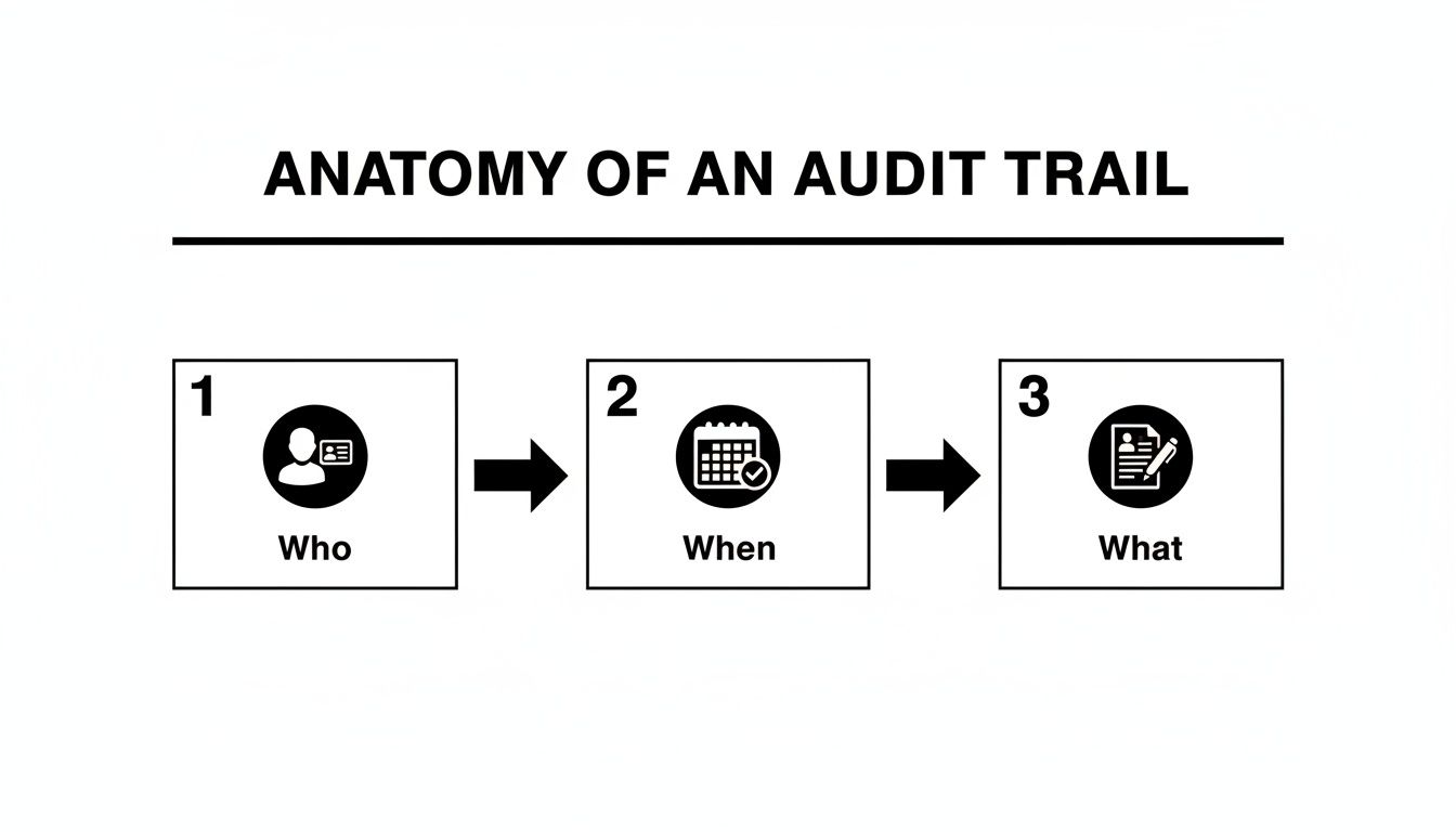 A diagram illustrating the anatomy of an audit trail, detailing Who, When, and What information it tracks.