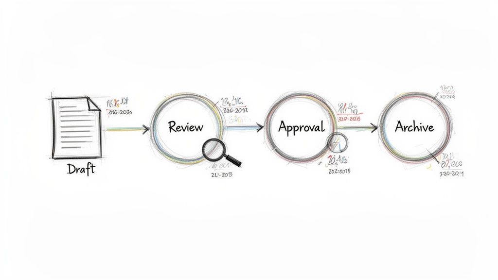 A hand-drawn flowchart illustrates a document workflow process including Draft, Review, Approval, and Archive steps.