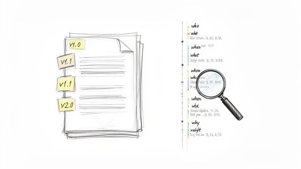 Hand-drawn sketch illustrating document versioning, change control, and review processes.