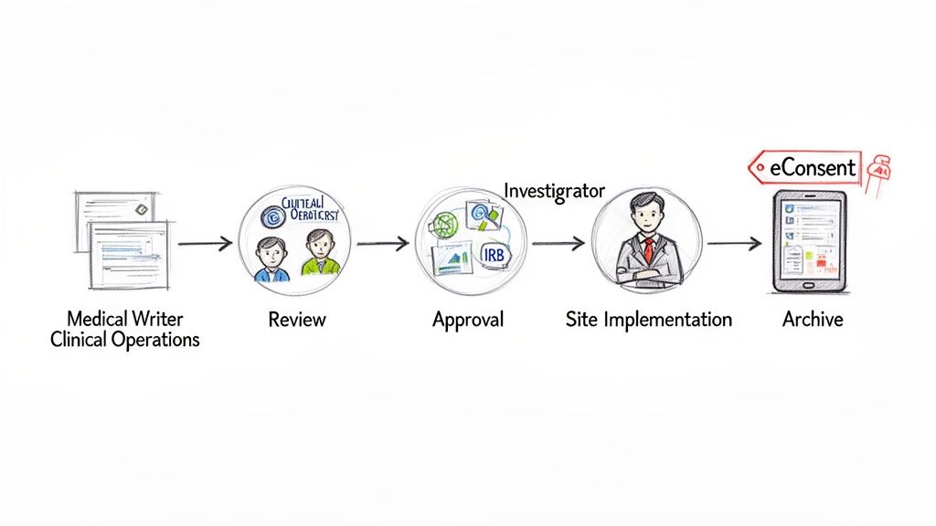Process diagram for clinical document lifecycle, from medical writing to eConsent archive.