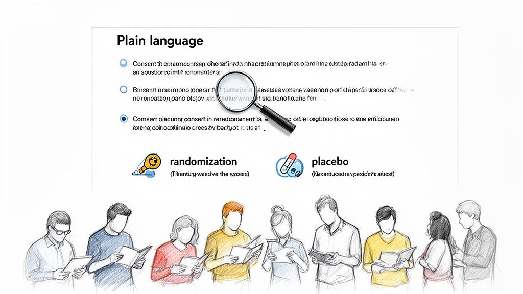 Diverse people read a plain language document explaining randomization and placebo in medical research.