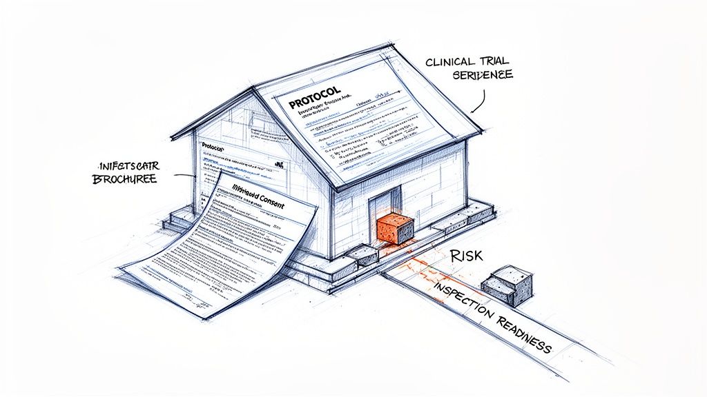 A sketch of a house built from clinical trial documents like protocol and informed consent, showing risk and inspection readiness.