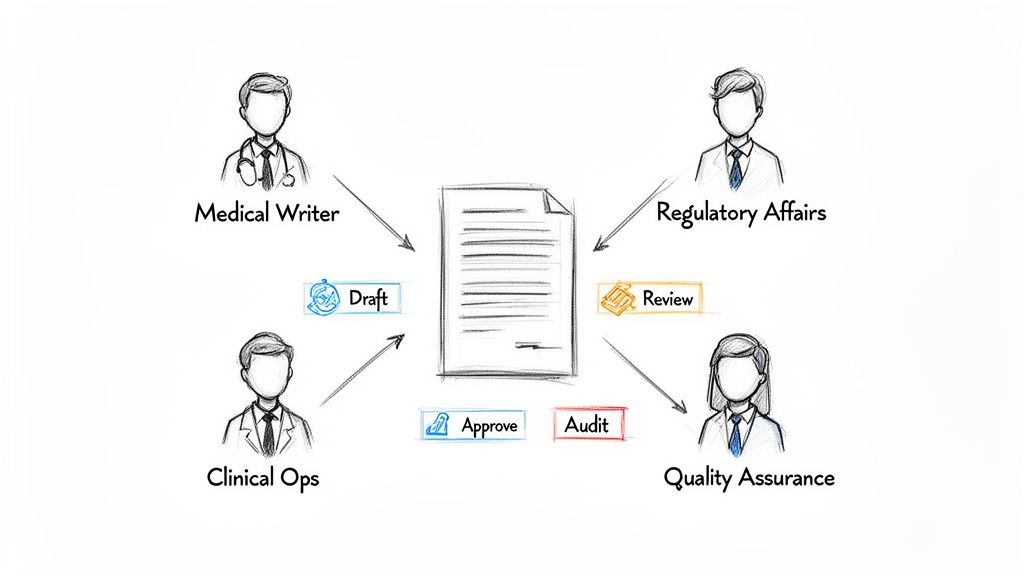 Workflow diagram illustrating clinical document lifecycle management with roles like Medical Writer, Regulatory Affairs, Clinical Ops, and Quality Assurance.