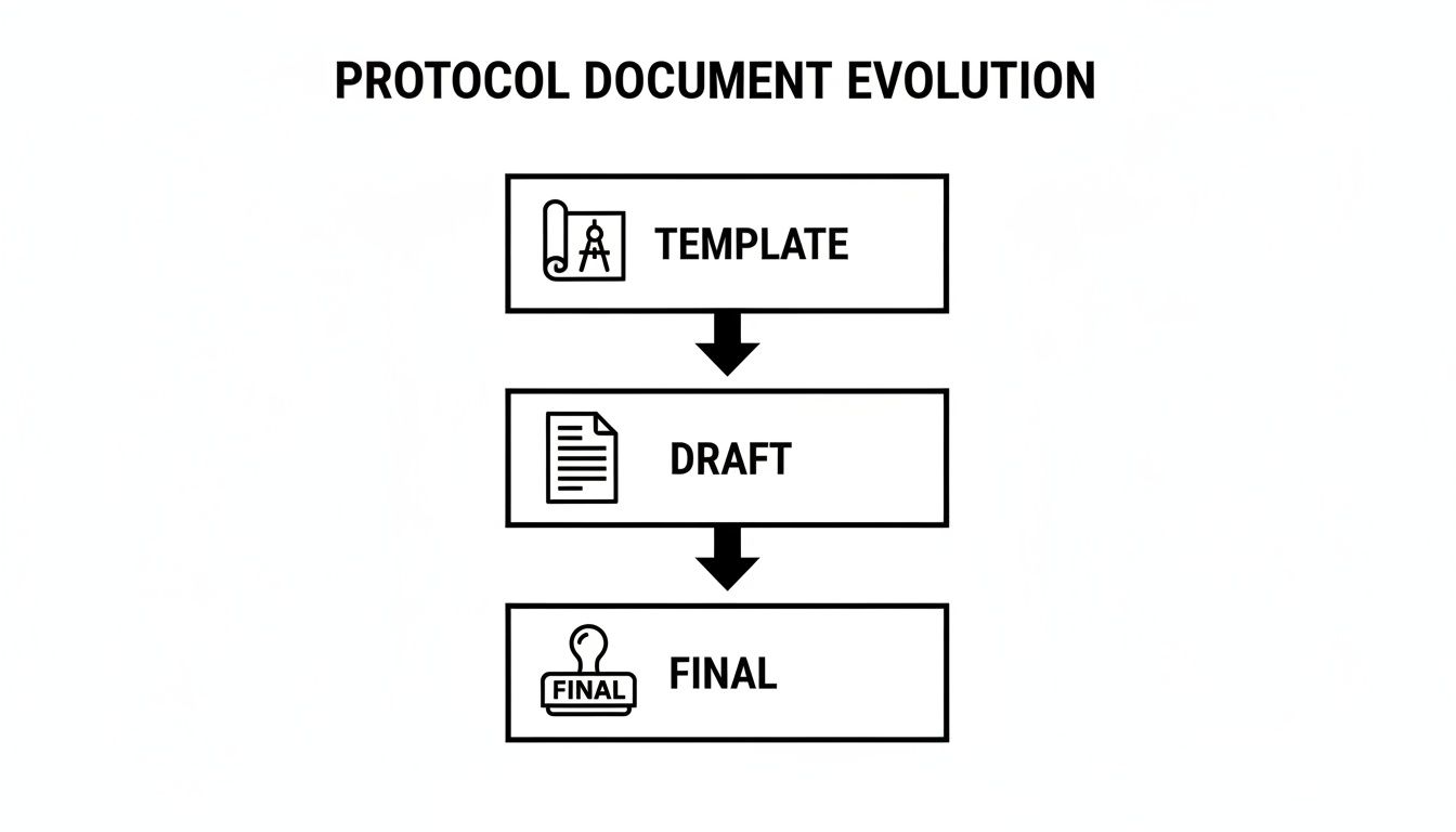 Flowchart illustrating the evolution of a protocol document from template to draft, then to final.